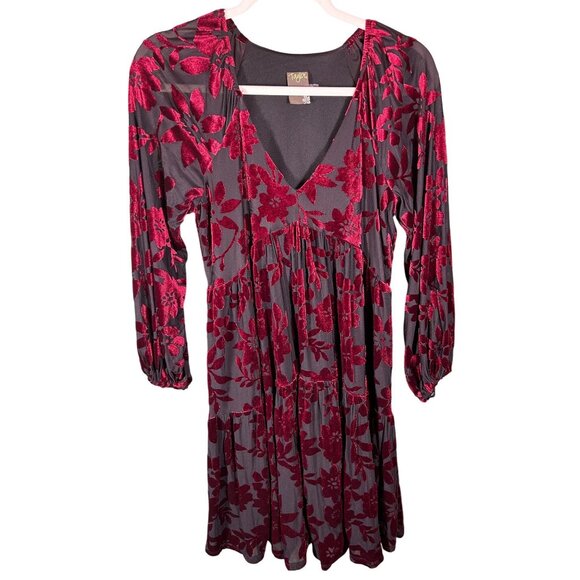 Taylor Sz 4 Floral Burnout Velvet Dress Tiered Black & Burgundy Oversized Goth - Picture 2 of 12